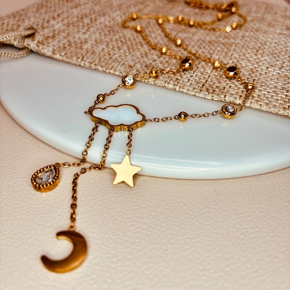 Free People Gold Celestial Tassel Charms, Mother of Pearl, CZ Dainty Necklace - Picture 4 of 7